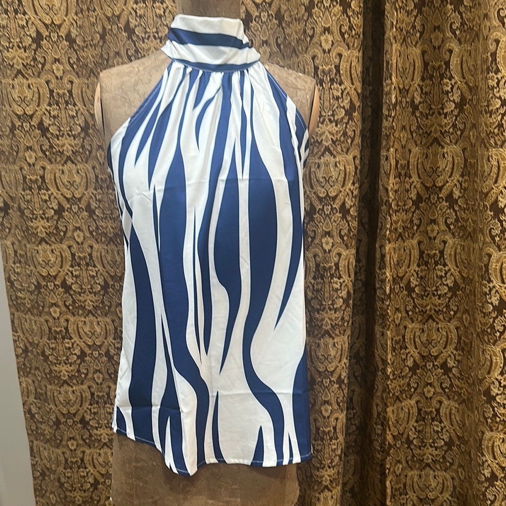 Blue and White High Low Blouse with Relaxed Fit